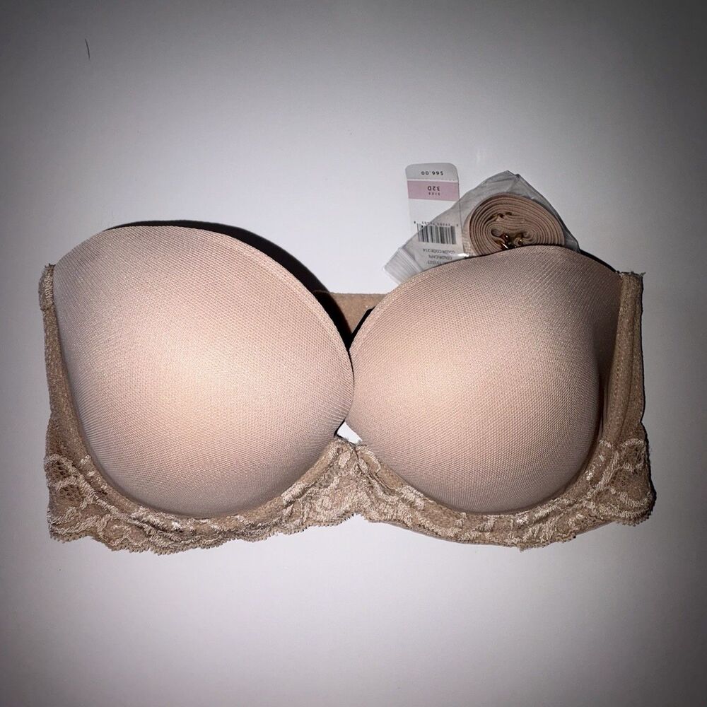 Natori Women's Feathers Strapless Plunge Multiway Bra Size 32D Beige Cafe New